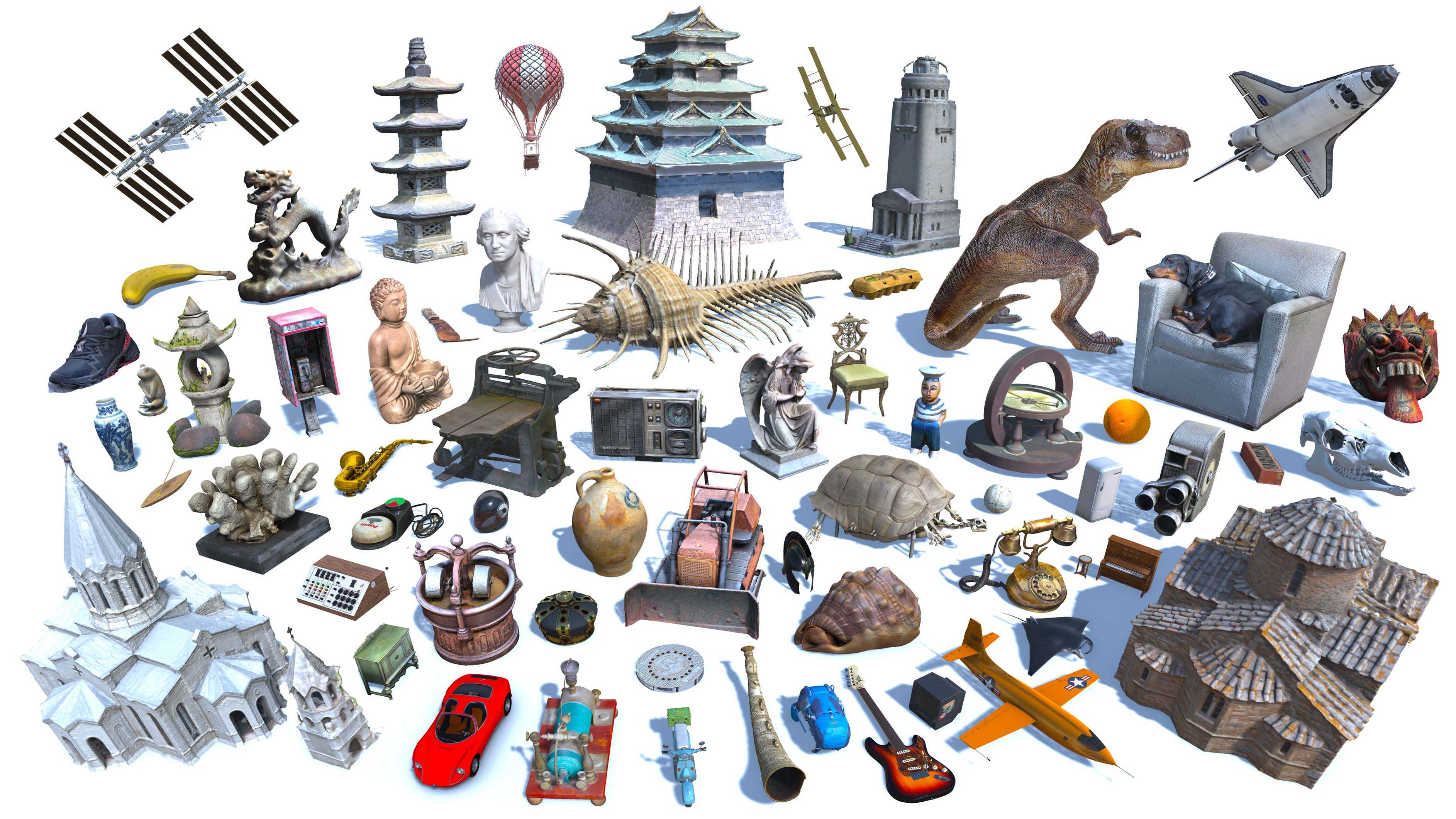 An image of a bunch of 3D objects scattered in a scene